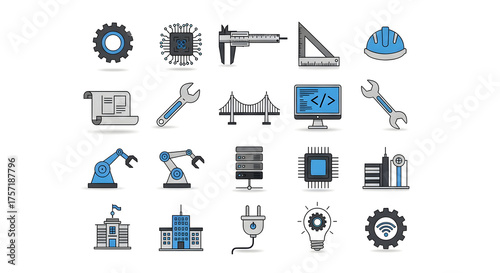 A collection of various engineering and technology icons in a flat design style.