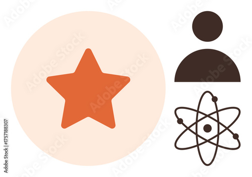 Orange star inside circle, atom model with orbiting electrons, and person silhouette depict excellence, science, innovation, personal development, leadership, individuality creativity. Ideal