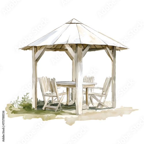 Watercolor Wooden Gazebo with Table and Chairs on White watercolor illutrastion transparent background