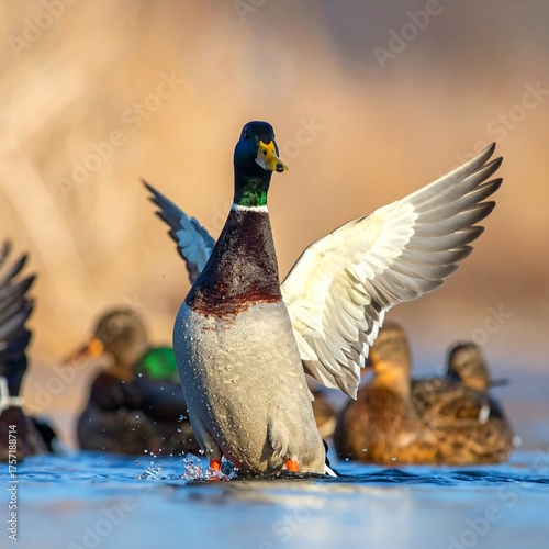 Drake spreads wings as other waterfowl rest in serene water