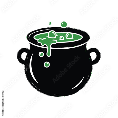 Witch's Cauldron with Bubbling Green Potion and Spilling Liquid