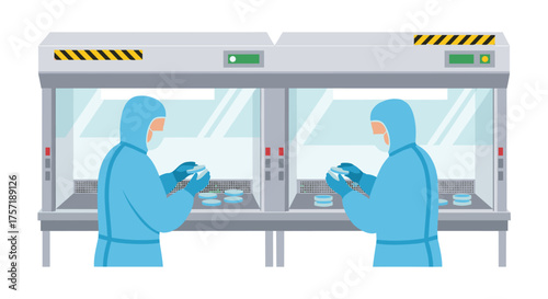 Scientists in Sterile Hoods Conducting Laboratory Research and Development in Cleanroom Environment