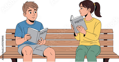 Two people reading poetry books, sitting on bench, outdoor literature moment, peaceful scene, shared interest, casual clothing, thoughtful expressions, quiet atmosphere