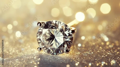 Close-up of sparkling diamond engagement ring on glittering background with bokeh lights