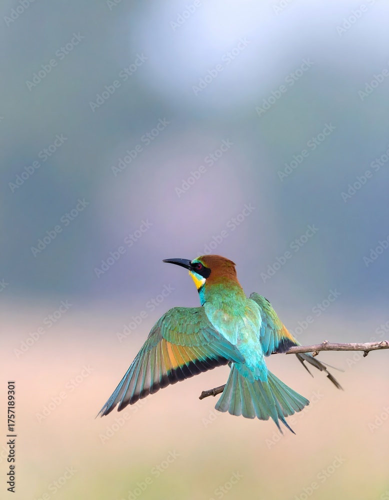 Obraz premium Colorful European Bee-Eater perched on a branch with wings spread against a soft sky