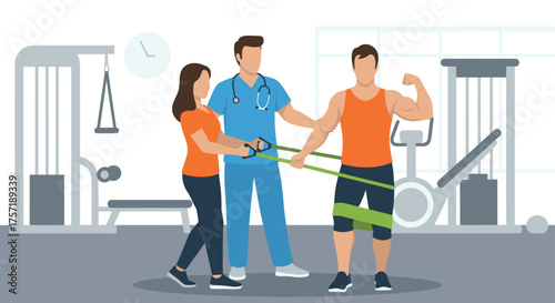 Physical Therapist Guides Patient Through Resistance Band Exercise For Muscle Strength