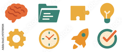 Productivity and innovation essentials , brain, folder, puzzle, bulb, gear, clock, rocket, check mark