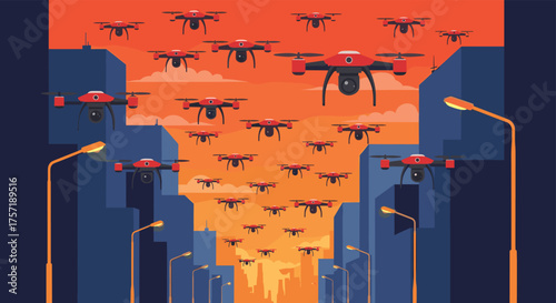 Drones swarm the city skyline in a dramatic aerial display