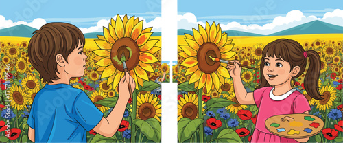 Children painting sunflowers, outdoor art activity, creative kids in nature, colorful flower field, scenic landscape, artistic expression, joyful learning moment