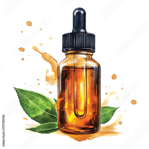 Amber Dropper Bottle with Green Leaves and Liquid Splashes watercolor illutrastion transparent background