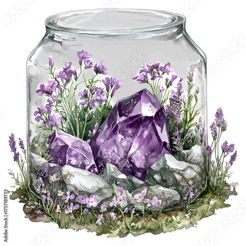 Watercolor Amethyst Crystal Terrarium Clipart: Magical Jar with Lavender
