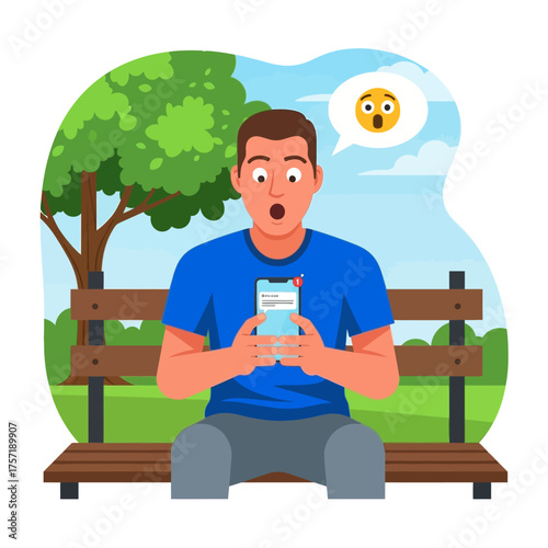Man surprised by smartphone notification while outdoors