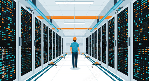Modern Data Center Infrastructure with IT Professional Monitoring Server Room Operations