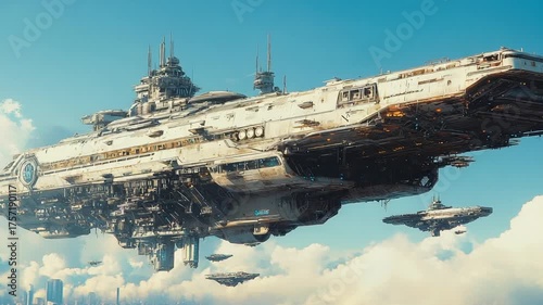 Gigantic interstellar spacecraft fleet soaring through a cloudy sky.