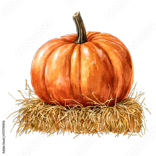 Rustic Watercolor Pumpkin on a Hay Bale: Autumn Harvest Clipart
