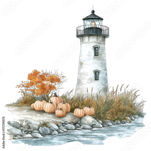 Watercolor Lighthouse with Pumpkins: Coastal Autumn Clipart
