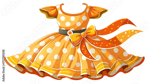 Very beautiful orange and cream polka-dot dress with a playful design, ribbon belt, and tulle skirt, bright and modern style against white background, perfect for children’s vector illustration.