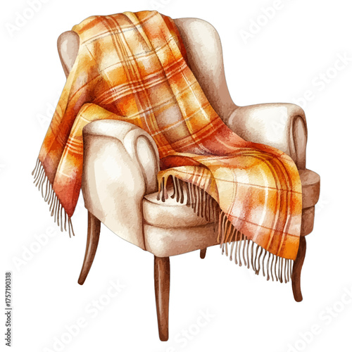 Cozy Watercolor Armchair with Plaid Throw Blanket Clipart
