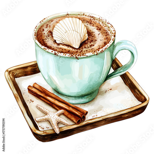 Seaside Hot Chocolate Watercolor Clipart: Cozy Coastal Drink with Shell and Cinnamon
