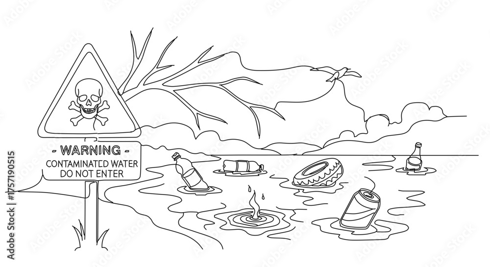 Obraz premium One line illustration of contaminated water with pollution for environmental awareness, educational materials, and social media