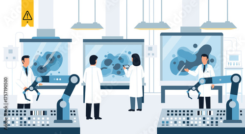 Scientists and robots collaborate in a modern laboratory setting exploring biological samples