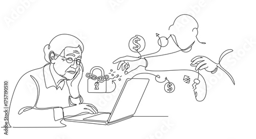 Senior faces cyber crime on laptop: online safety education, fraud awareness campaigns, elder tech support resources, scam prevention materials