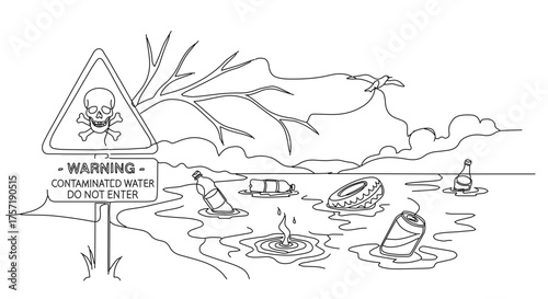 One line illustration of contaminated water with pollution for environmental awareness, educational materials, and social media