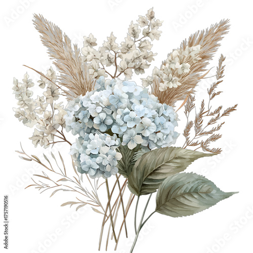 Elegant Watercolor Floral Bouquet with Blue Hydrangea and Pampas Grass
