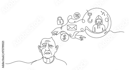 Senior citizen worried about cyber crime and online scams, concept: internet safety awareness, blogs, senior care websites, social media