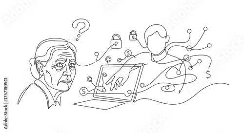 Senior woman facing cybercrime, online scam on laptop for fraud awareness, internet safety campaigns, and elder care education