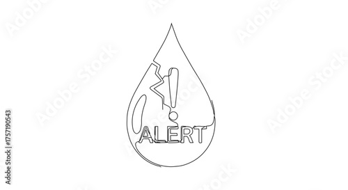 Alert symbol in water drop line drawing for drought awareness, water conservation initiatives, environment protection campaigns