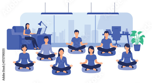 Office Workers Practicing Mindfulness Meditation Together Promoting Wellness And Inner Peace