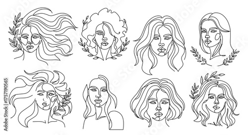 Female faces with flowing hair one-line art for beauty brands, hair care, salon marketing, fashion blogs and cosmetic design