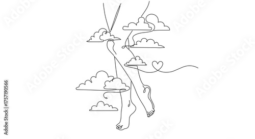 Female legs with clouds and heart in line art for sensual art projects, website graphics, romantic cards