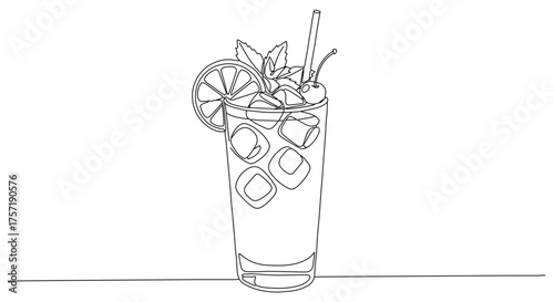 Mai Tai cocktail in tall glass outline drawing for summer drink menus, bar websites, beverage blogs and social media