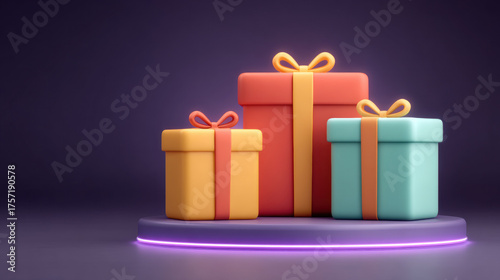 Colorful gift boxes with ribbons on glowing platform, set against dark background, create festive atmosphere