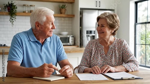 A serious senior couple managing their finances together at home, reviewing insurance documents and signing a will for their estate planning.