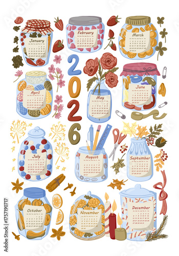Hand drawn 2026 calendar design with decorative jars filled with seasonal elements for each month in cozy style. Concept of tea towel calendar, home decor, and yearly organization