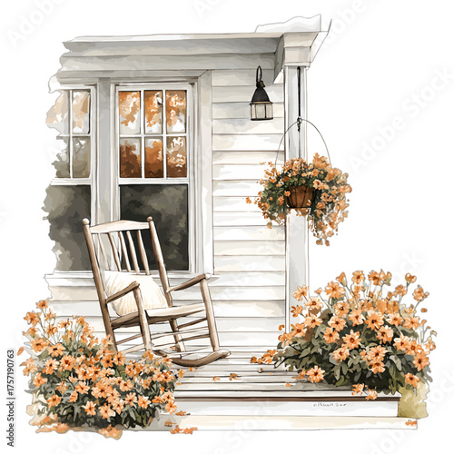Cozy Watercolor Porch with Rocking Chair and Autumn Flowers

