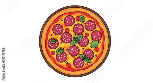 tasty illustrated pizza with pepperoni and basil