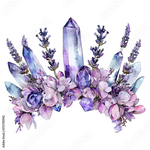 Elegant Watercolor Crown with Lavender and Amethyst Crystals
