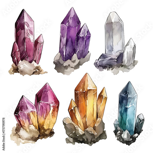 Collection of six watercolor crystals in various colors and watercolor illutrastion transparent background