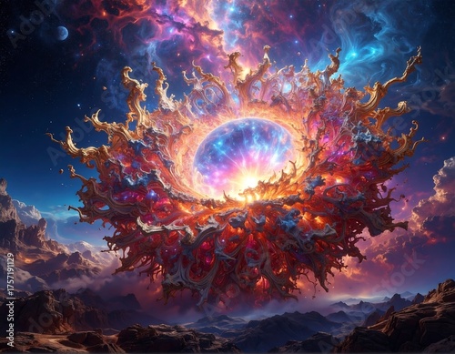 Cosmic explosion with nebulae and celestial sphere above a rocky terrain