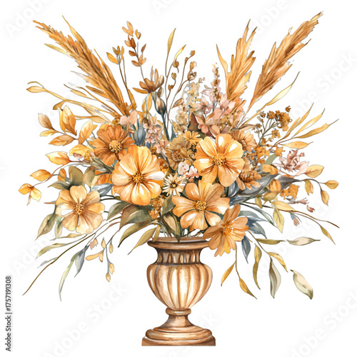 Elegant Watercolor Autumn Floral Arrangement in Urn Vase
