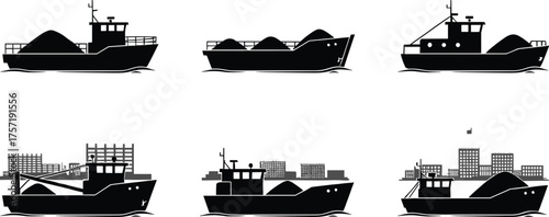 Cargo ship silhouette vector set, industrial boats at port, maritime transport, dockside cranes, shipping logistics, coal vessels, export import illustration