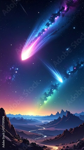 Cosmic landscape with vibrant comets streaking across a starry night sky