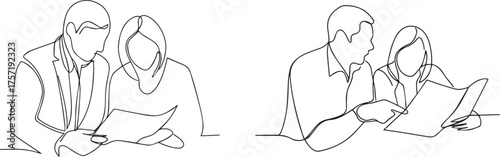 Two men woman in a business meeting discussing documents with a simple line drawing style