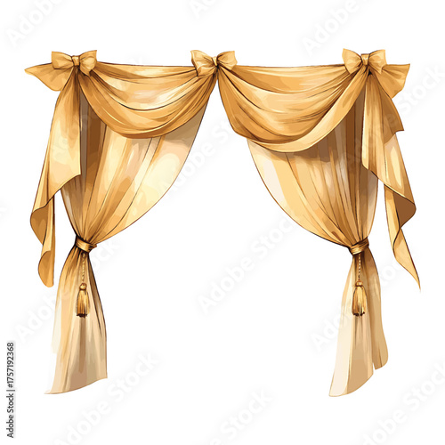 Elegant Golden Draped Curtains with Bows and Tassels on White watercolor illutrastion transparent background