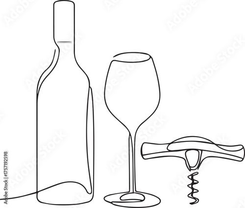 Line drawing of a wine bottle glass and corkscrew on a white background