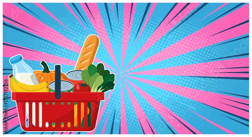 Pop art design of a shopping basket with groceries, food products for a supermarket market sale, vector